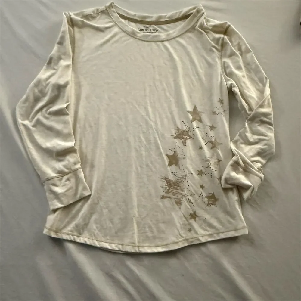 Faded Glory Women's M Beige Long Sleeve T-Shirt with Star Design - Picture 2 of 8